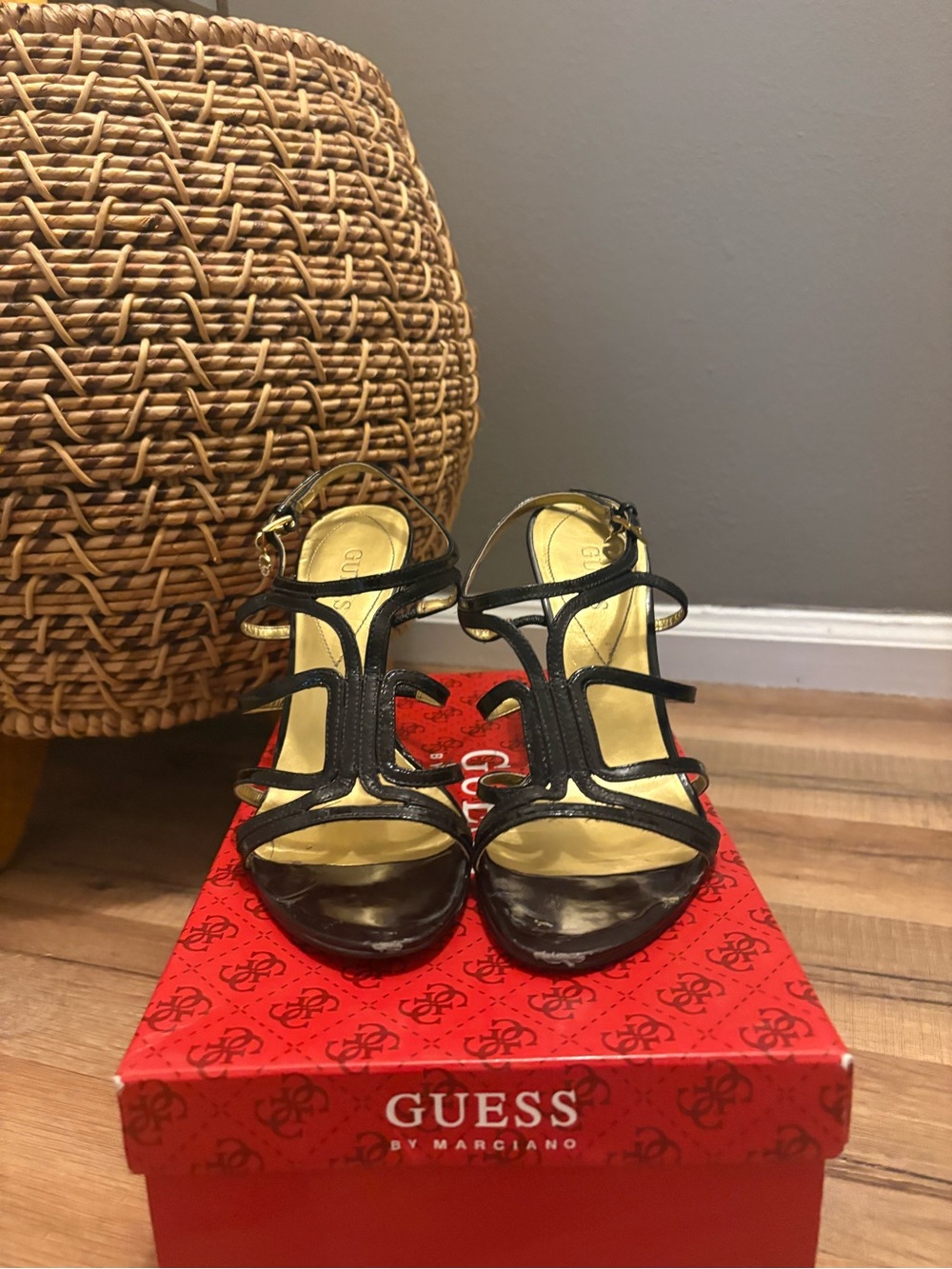 Guess Black Strappy T-Front Sandals with Gold Insole